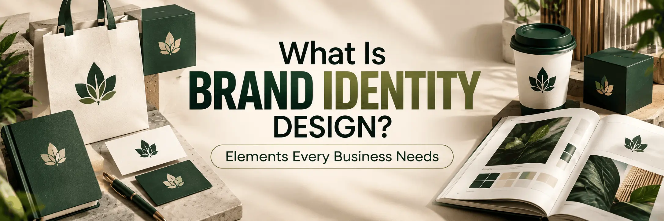 Brand identity design elements including logo, colors, and typography displayed on a brand style guide